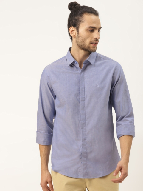 

United Colors of Benetton Men Blue Pure Cotton Slim Fit Solid Casual Shirt