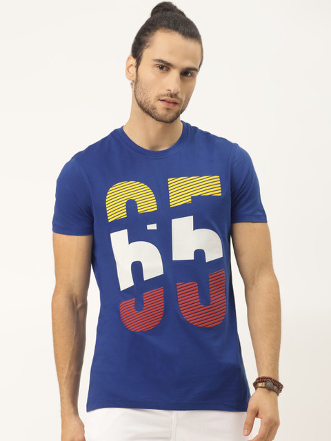 

United Colors of Benetton Men Blue White Printed Round Neck Pure Cotton T-shirt