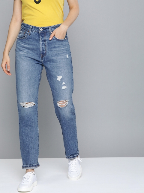 

Levis Women Blue 501 Straight Fit High-Rise Highly Distressed Light Fade Jeans