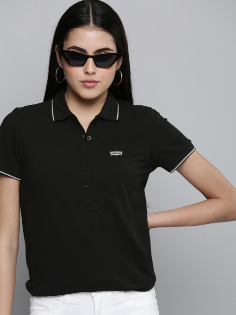 

Levis Women Black Brand Logo Printed Polo Collar Casual T-shirt
