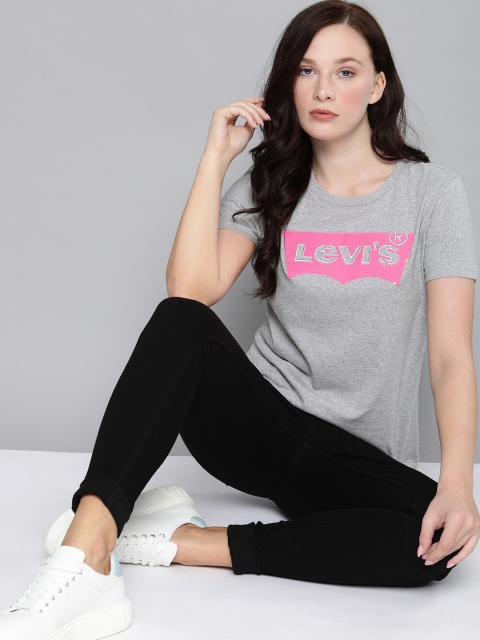 

Levis Women Grey Melange Embroidered Round Neck Pure Cotton T-shirt with Sustainable with-shirt with Sequins