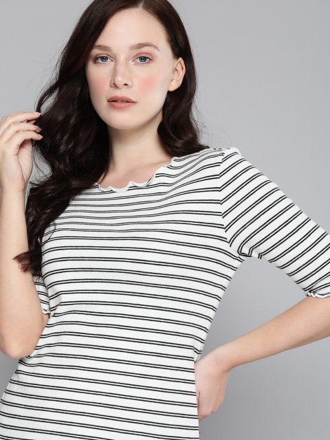 

Levis Women White & Black Striped Round Neck T-shirt