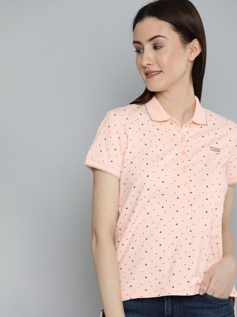 

Levis Women Peach-Coloured & Blue Floral Printed Polo Collar T-shirt