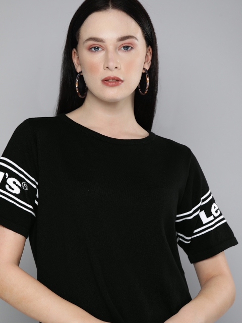 

Levis Women Black Solid Pure Cotton T-shirt with Print on Sleeves