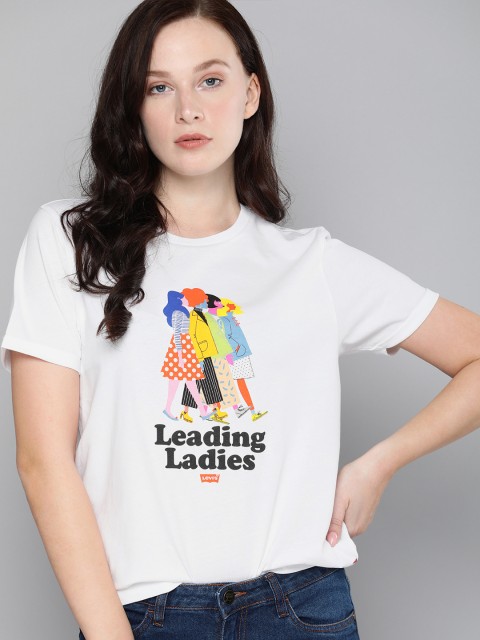 

Levis Women White Printed Boat Neck Pure Cotton T-shirt