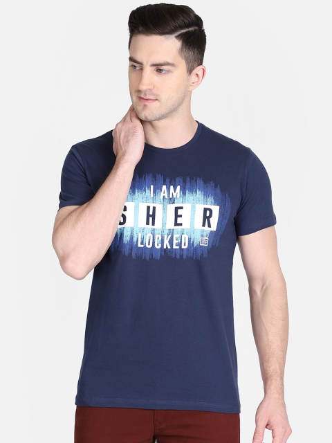 

Free Authority Men Navy Blue Sherlock Printed Round Neck Pure Cotton T-shirt