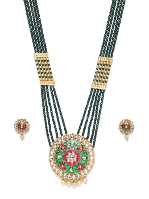 

Zaveri Pearls Green & Pink Gold-Plated Meenakari Jewellery Set