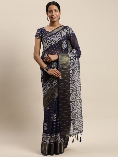 

Rajnandini Navy Blue & White Printed Saree