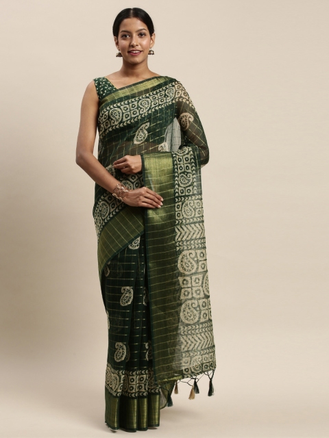 

Rajnandini Green & Off-White Silk Blend Paisley Printed Saree