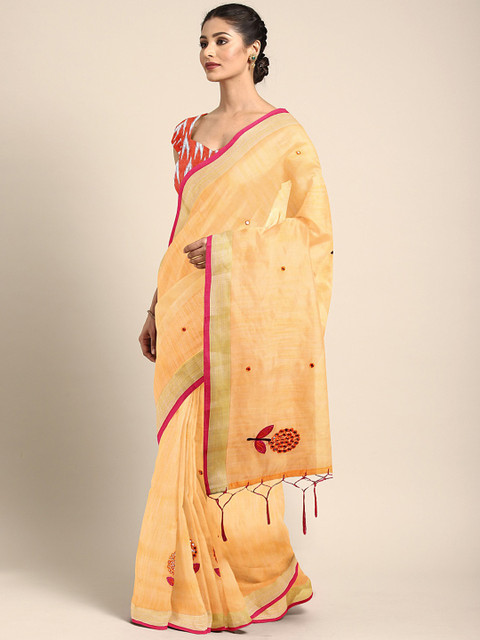 

KALINI Orange Floral Embroidered Saree with Mirror Work Detail