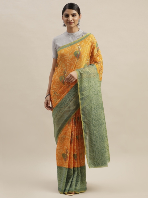 

KALINI Orange & Green Brasso Floral Printed Saree