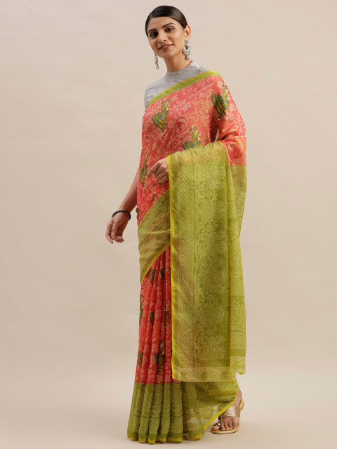 

KALINI Pink & Green Brasso Printed Saree