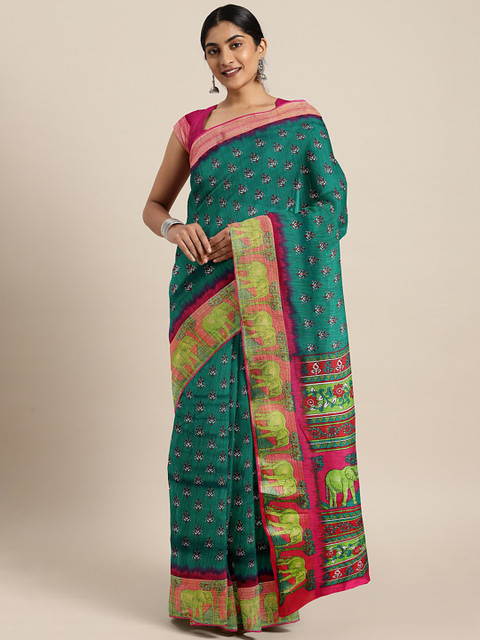 

KALINI Green & White Printed Saree