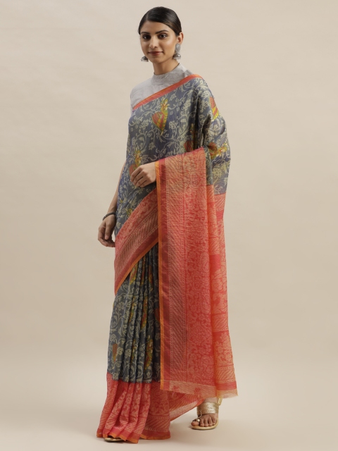 

KALINI Navy Blue & Red Brasso Floral Printed Saree