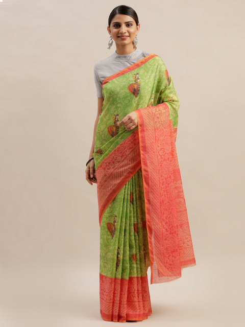 

KALINI Lime Green & Pink Brasso Printed Saree
