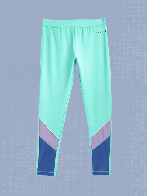 

HRX By Hrithik Roshan U-17 Girls Turquoise Colourblock Regular Fit Lycra Rapid-Dry Antimicrobial Active Tights, Turquoise blue
