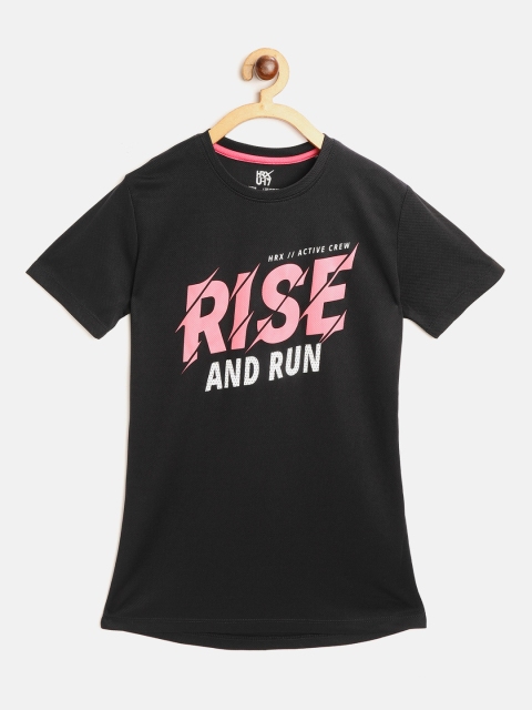 

HRX By Hrithik Roshan U-17 Girls Black Typographic Rapid-Dry Antimicrobial Active Tshirt