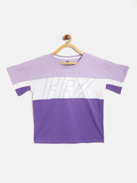 

HRX by Hrithik Roshan U-17 Girls Lavender Cotton Colourblock Bio-Wash Lifestyle Pure Cotton T-shirt, Purple