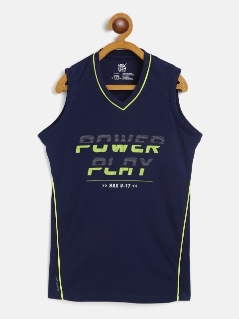 

HRX By Hrithik Roshan U-17 Boys Dress Blue Typographic Rapid-Dry Active Tshirt, Navy blue