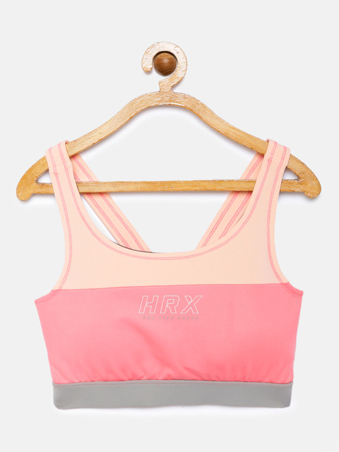 

HRX By Hrithik Roshan U-17 Girls Confetti, Peach Amber & Wet Weather Colourblock Lycra Rapid-Dry Antimicrobial Active Sports Bra, Pink