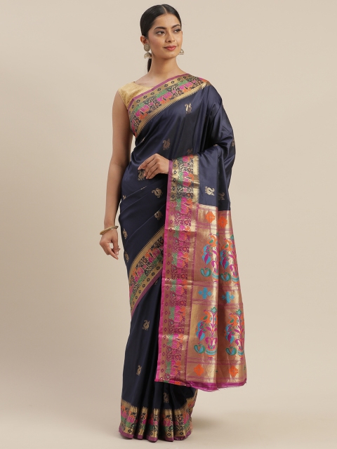 

GoSriKi Navy Blue & Gold-Toned Silk Blend Woven Design Banarasi Saree