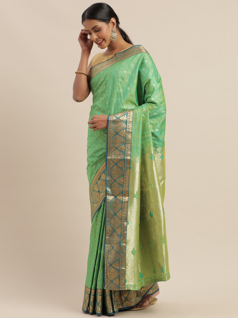 

GoSriKi Lime Green Silk Blend Woven Design Banarasi Saree