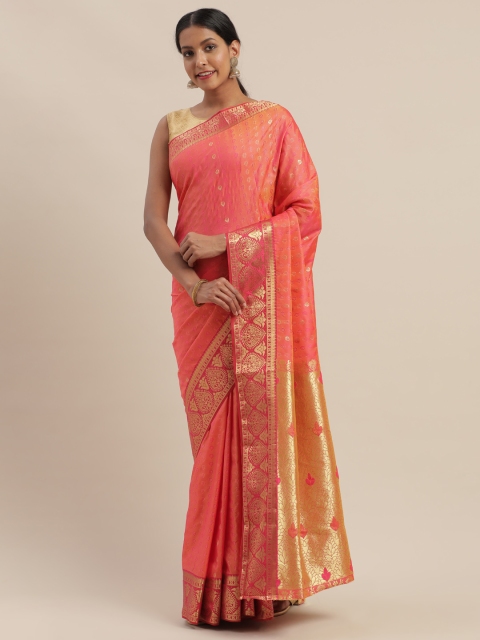 

GoSriKi Peach-Coloured & Golden Woven Design Banarasi Saree