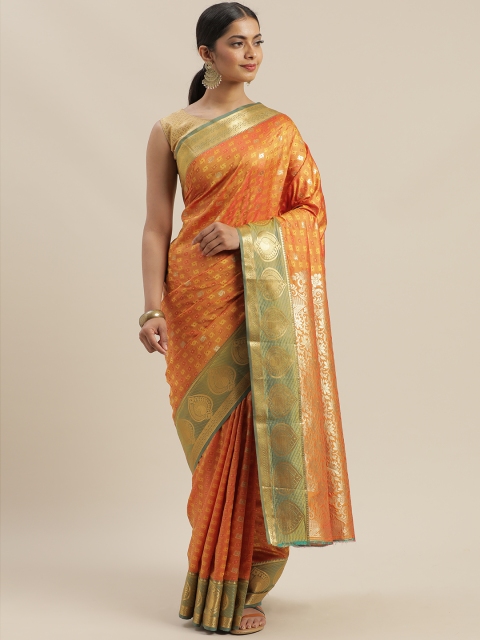 

GoSriKi Mustard & Gold-Toned Woven Design Banarasi Saree