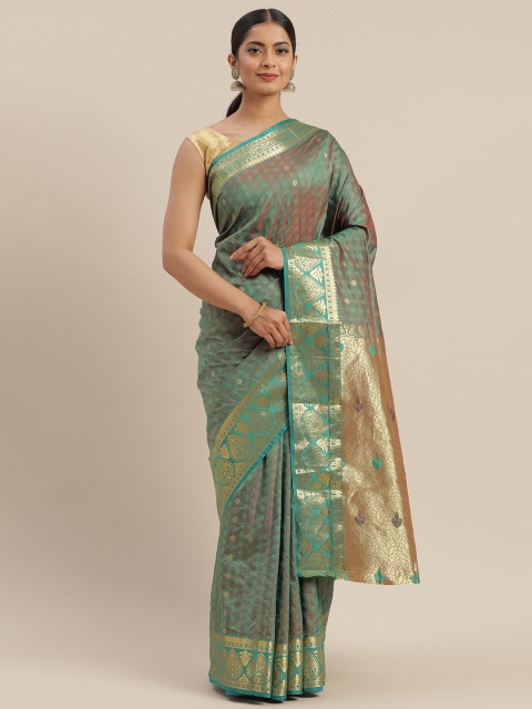

GoSriKi Grey & Green Silk Blend Woven Design Banarasi Saree