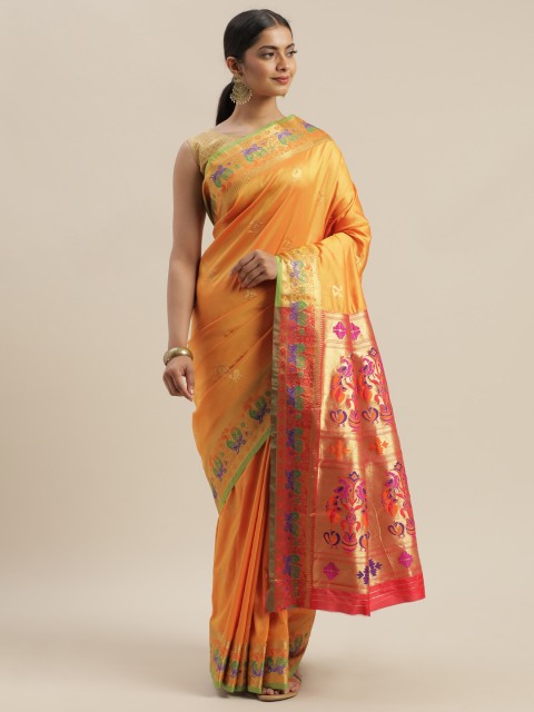 

GoSriKi Yellow & Gold-Toned Woven Design Banarasi Saree