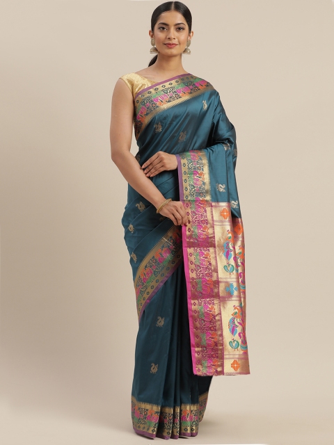

GoSriKi Teal & Gold-Toned Silk Blend Woven Design Banarasi Saree