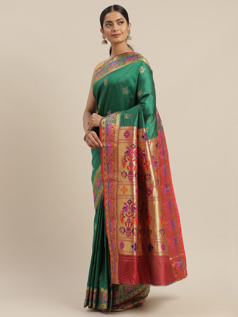 

GoSriKi Green & Pink Silk Blend Woven Design Banarasi Saree
