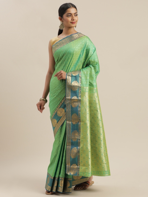 

GoSriKi Lime Green Silk Blend Woven Design Banarasi Saree