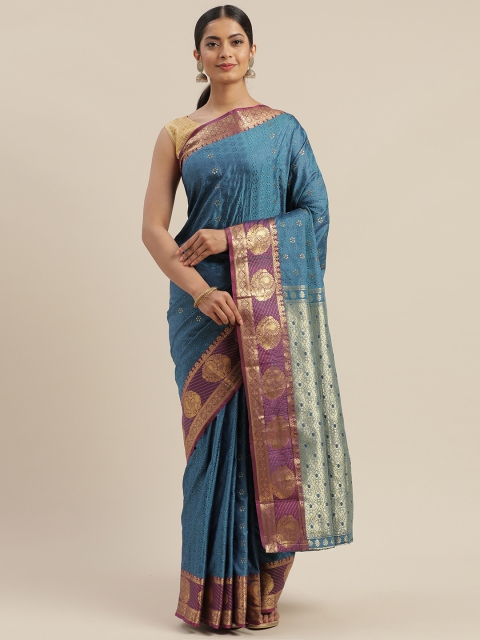 

GoSriKi Blue & Purple Silk Blend Woven Design Banarasi Saree