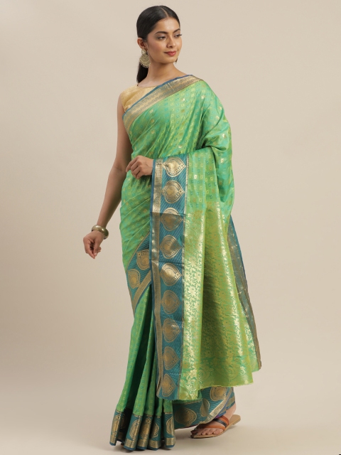 

GoSriKi Lime Green & Gold-Toned Woven Design Banarasi Saree