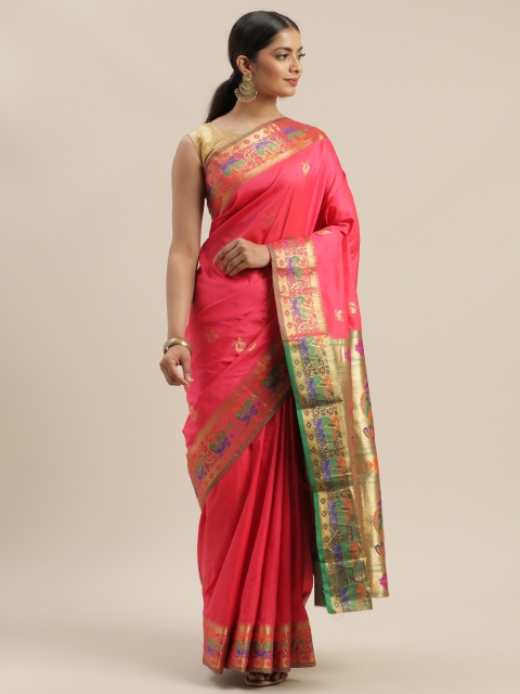 

GoSriKi Pink & Gold-Toned Woven Design Banarasi Saree