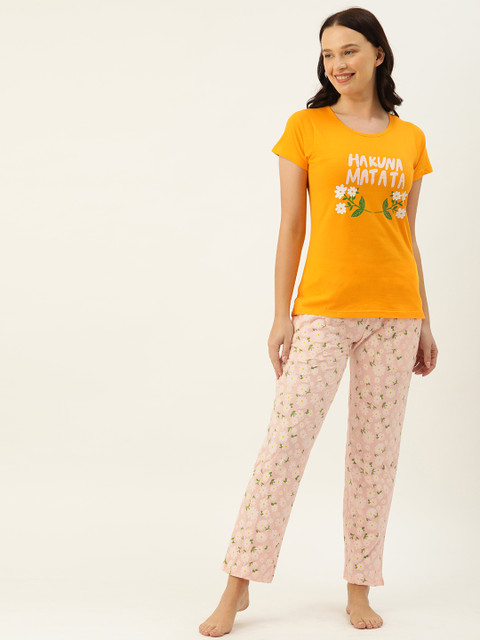 

Clt.s Women Mustard Yellow & Pink Printed Night suit
