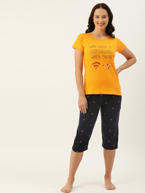 

Clt.s Women 2 Pc Yellow & Black Printed Night suit