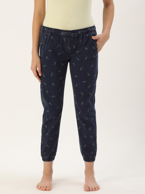

Clt.s Women Navy Blue & Green Slim Fit Printed Cropped Lounge Joggers