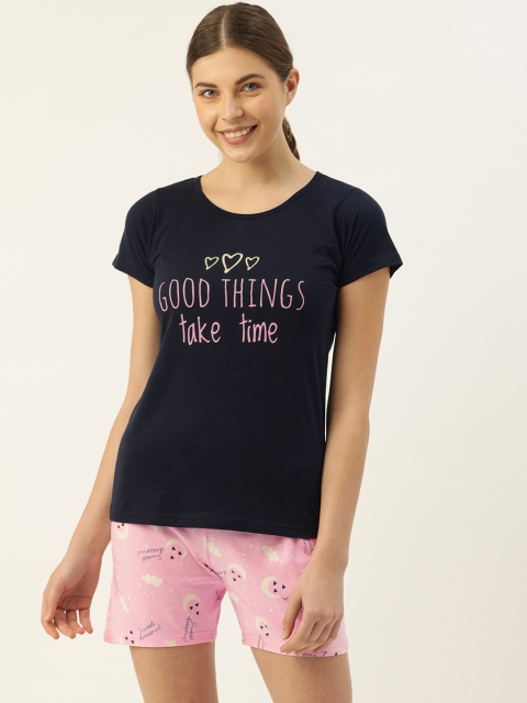 

Clt.s 2 Pc Women Navy Blue & Pink Printed Night suit