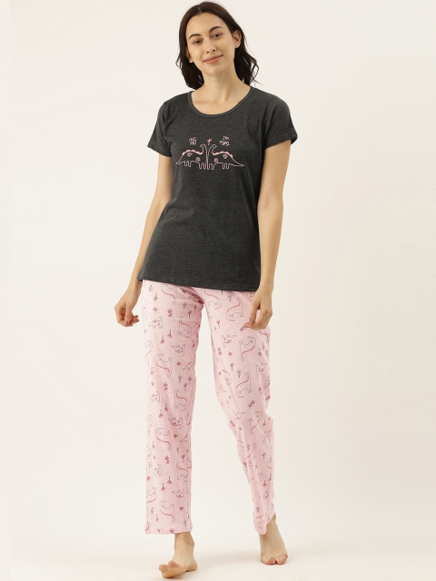 

Clt.s Women Charcoal Grey & Pink Dinosaurs Print Pure Cotton Night suit