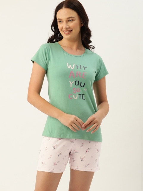 

Clt.s Women Sea Green & Pink Printed Night suit