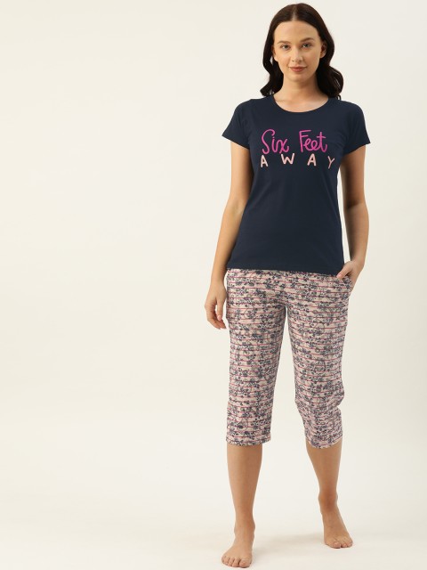 

Clt.s Women 2 Pc Navy Blue & Peach-Coloured Printed Night suit