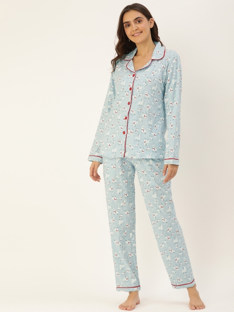 

Clt.s Women Blue & White Printed Night suit