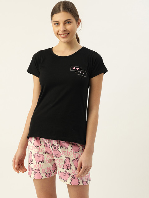 

Clt.s 2 Pc Women Black & Pink Printed Night suit