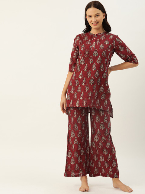 

Clt.s Women Maroon & Beige Printed Kurta Night suit