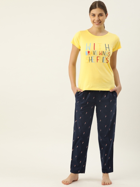

Clt.s Women Yellow & Navy Blue Printed Night suit