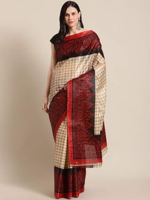 

KALINI Beige & Red Checked Block Print Saree