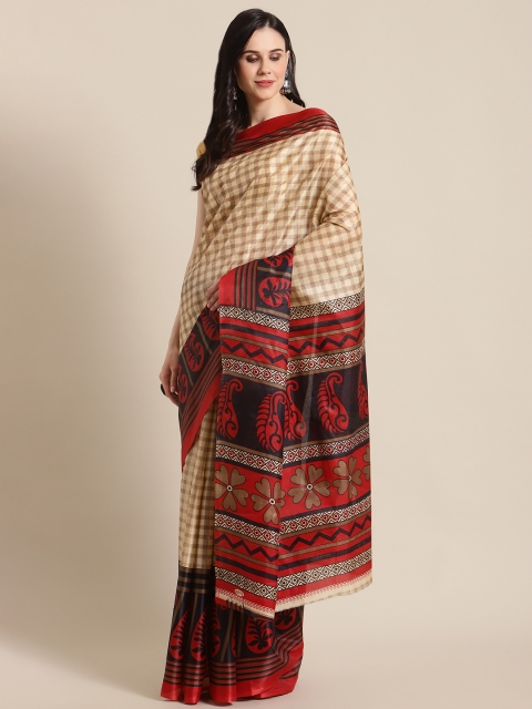 

KALINI Cream-Coloured & Beige Checked Block Print Saree