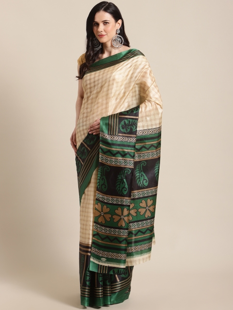 

KALINI Beige & Green Checked Block Print Saree